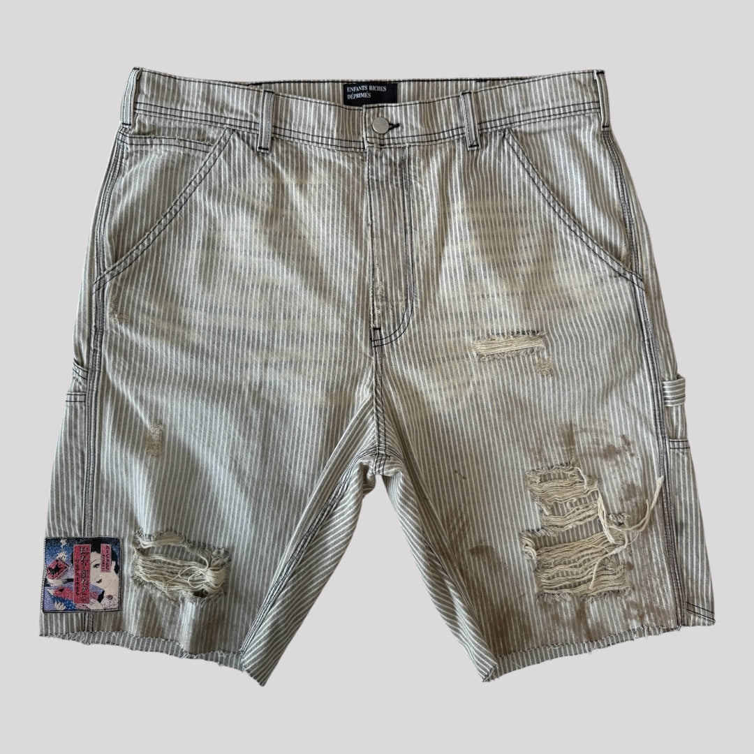 Enfants Riches Deprimes Geisha Patch Mud-Dyed Destroyed Stripe Shorts