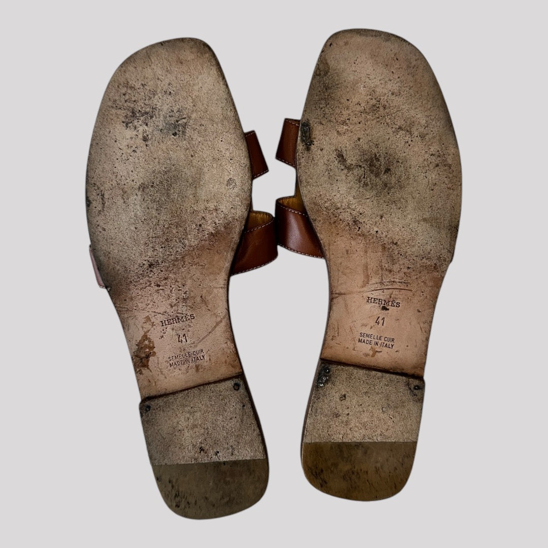 Hermes Oran Flat Sandals Brown