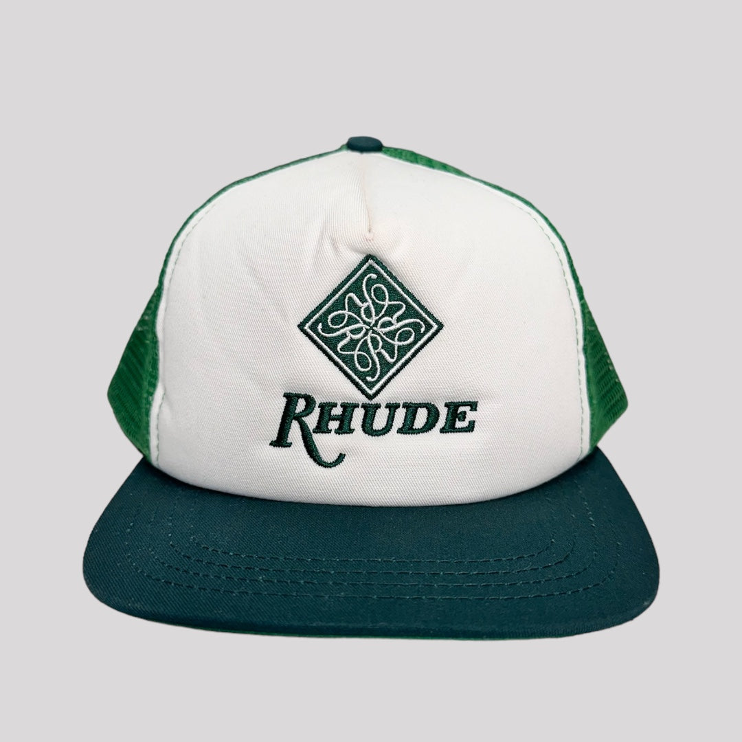 Rhude Green & White R Trucker Cap