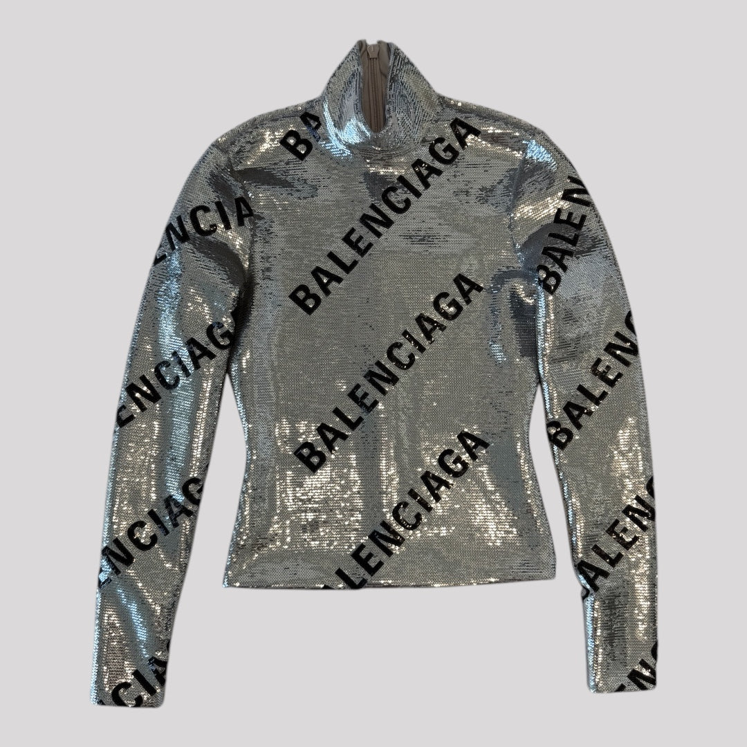 Balenciaga Allover Logo Embroidered Evening Shirr