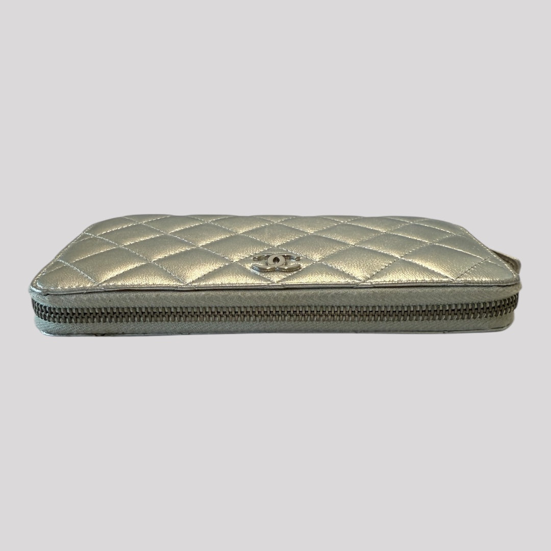 Chanel Silver Lambskin Bifold Long Wallet