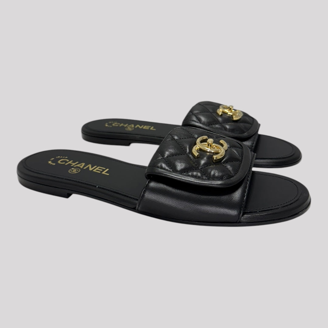 Chanel Interlocking Logo Quilted Leather Slides