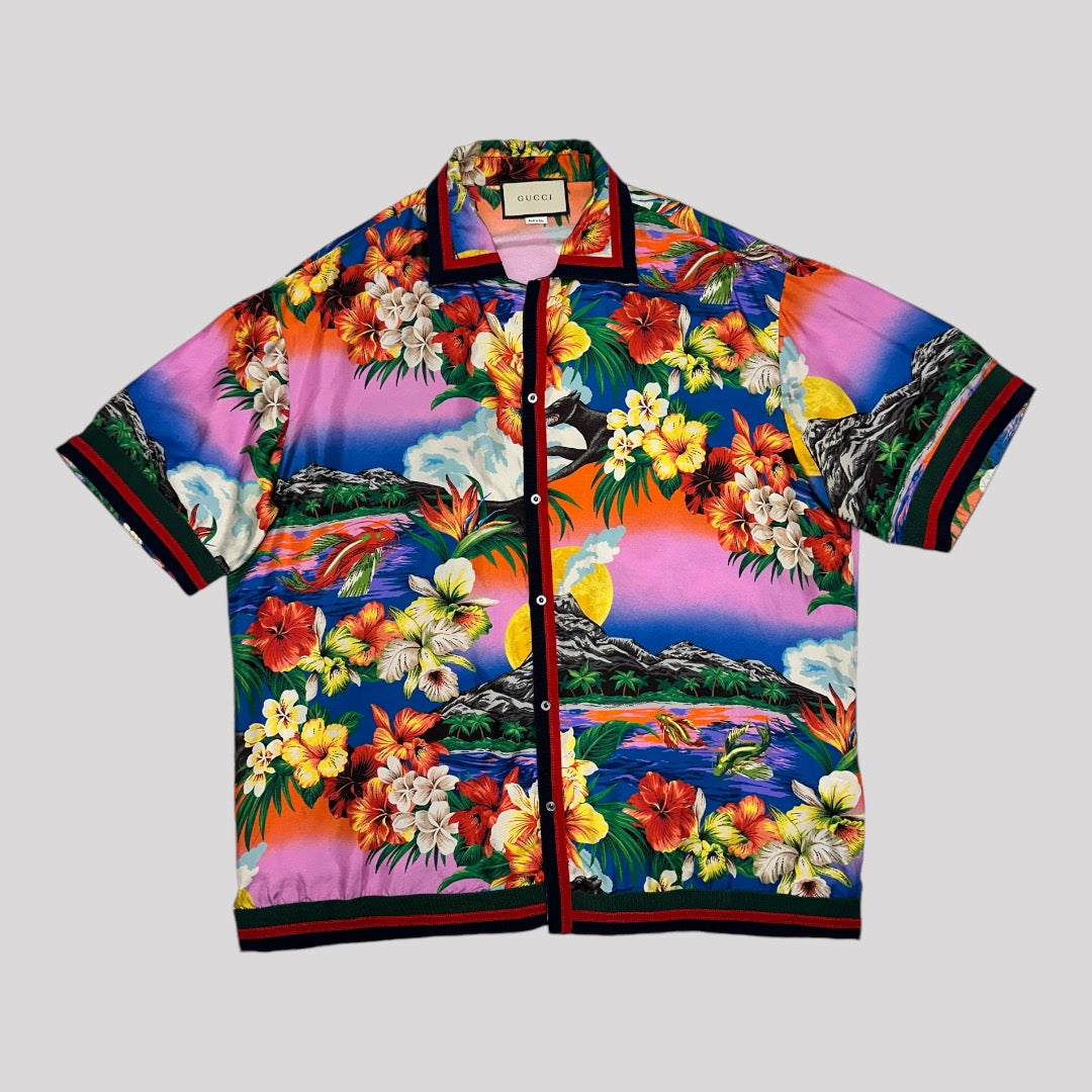 Gucci Hawaiian Camp-collar Grosgrain Trimmed Floral Silk Shirt