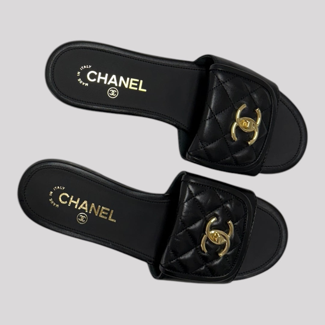 Chanel Interlocking Logo Quilted Leather Slides