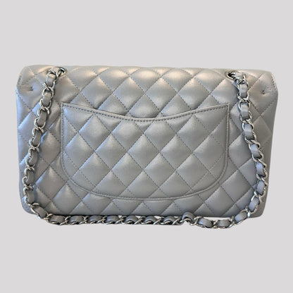 Chanel Metallic Lambskin Quilted Medium Double Flap Silver Bag