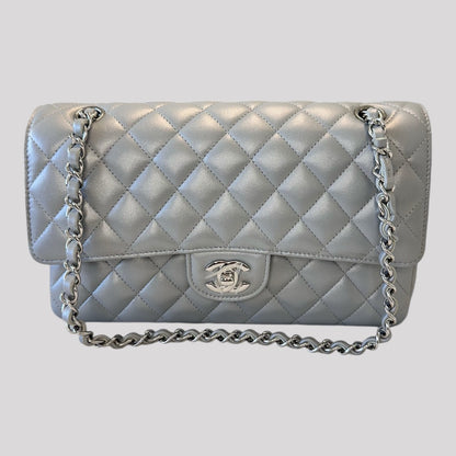 Chanel Metallic Lambskin Quilted Medium Double Flap Silver Bag