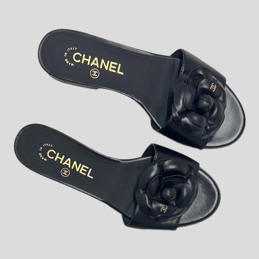 Chanel Lambskin Camellia Sandal Mules