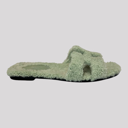 Hermes Oran Shearling Green Sandals