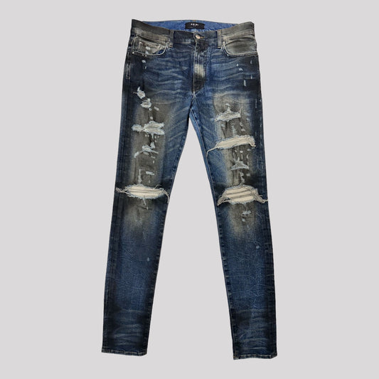 Amiri Dirty Indigo Cashmere Patch MX1 Distressed Denim Jeans