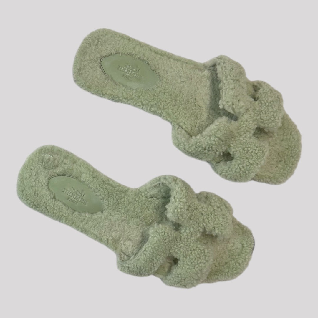 Hermes Oran Shearling Green Sandals