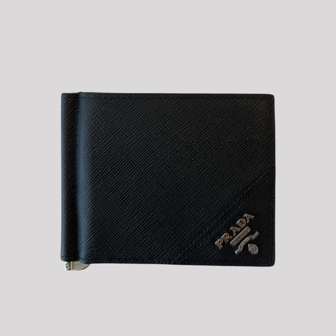 Prada Saffiano Money Clip Bifold Wallet Card Case