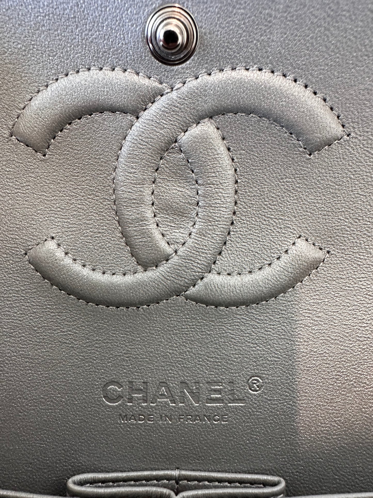 Chanel Metallic Lambskin Quilted Medium Double Flap Silver Bag