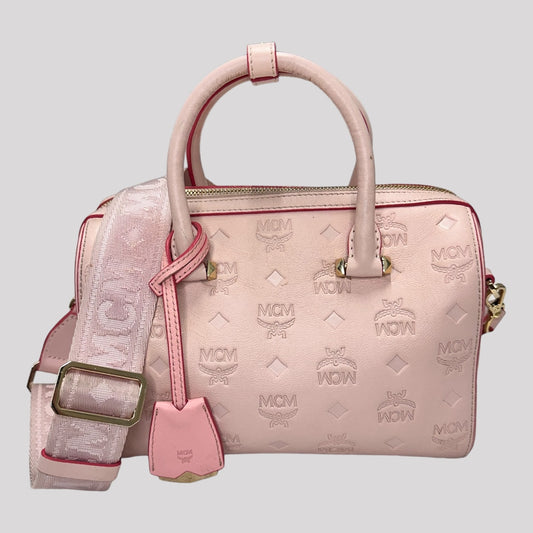 MCM Calfskin Ottomar Monogram Essential Boston Bag Light Pink