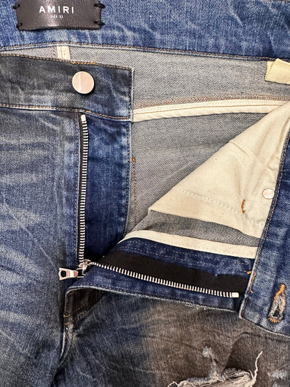 Amiri Dirty Indigo Cashmere Patch MX1 Distressed Denim Jeans