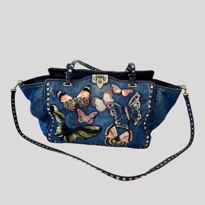 Valentino Garavani Denim Butterfly Embroidered Medium Rockstud Tote Light Denim Multicolor Bag