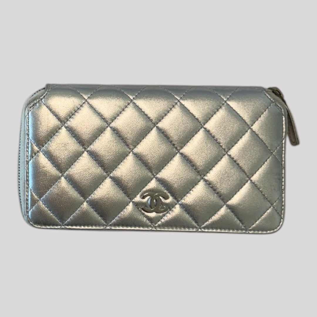 Chanel Silver Lambskin Bifold Long Wallet