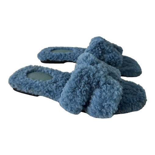 Hermes Blue Oran Tedday Shearling Slides