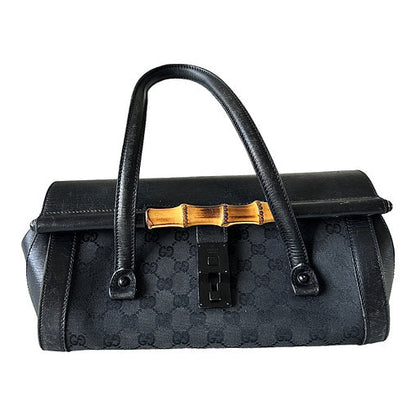 Gucci Black GG Canvas Bamboo Top Handle Bag