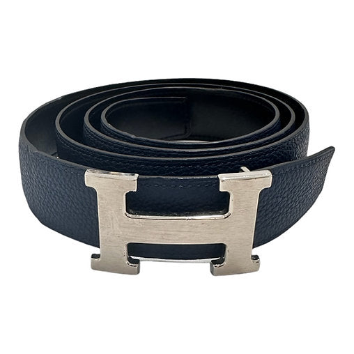 Hermes Black/Bleu Leather Hammered Reversible Belt