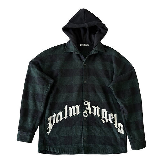 Palm Angels Green Checked Hooded Logo Overshirt