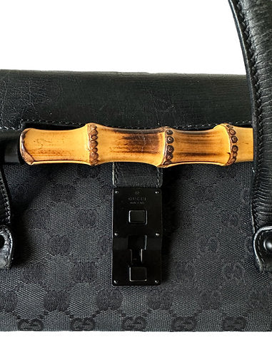 Gucci Black GG Canvas Bamboo Top Handle Bag