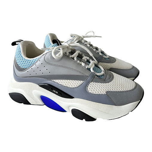 Dior B22 White And Blue Technical Mesh And Gray Calfskin Sneakers