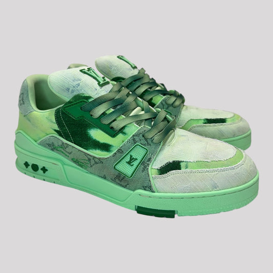 Louis Vuitton Denim Green LV Trainer Sneakers