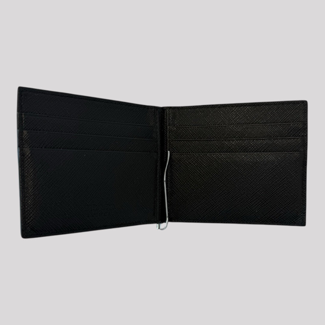 Prada Saffiano Money Clip Bifold Wallet Card Case