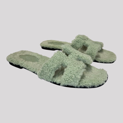 Hermes Oran Shearling Green Sandals