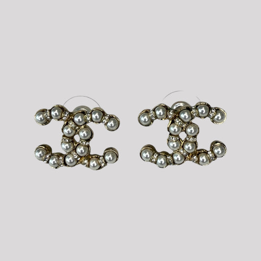 Chanel CC Crystal Pearl Gold Earrings