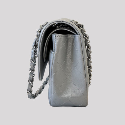 Chanel Metallic Lambskin Quilted Medium Double Flap Silver Bag