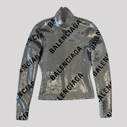 Balenciaga Allover Logo Embroidered Evening Shirr